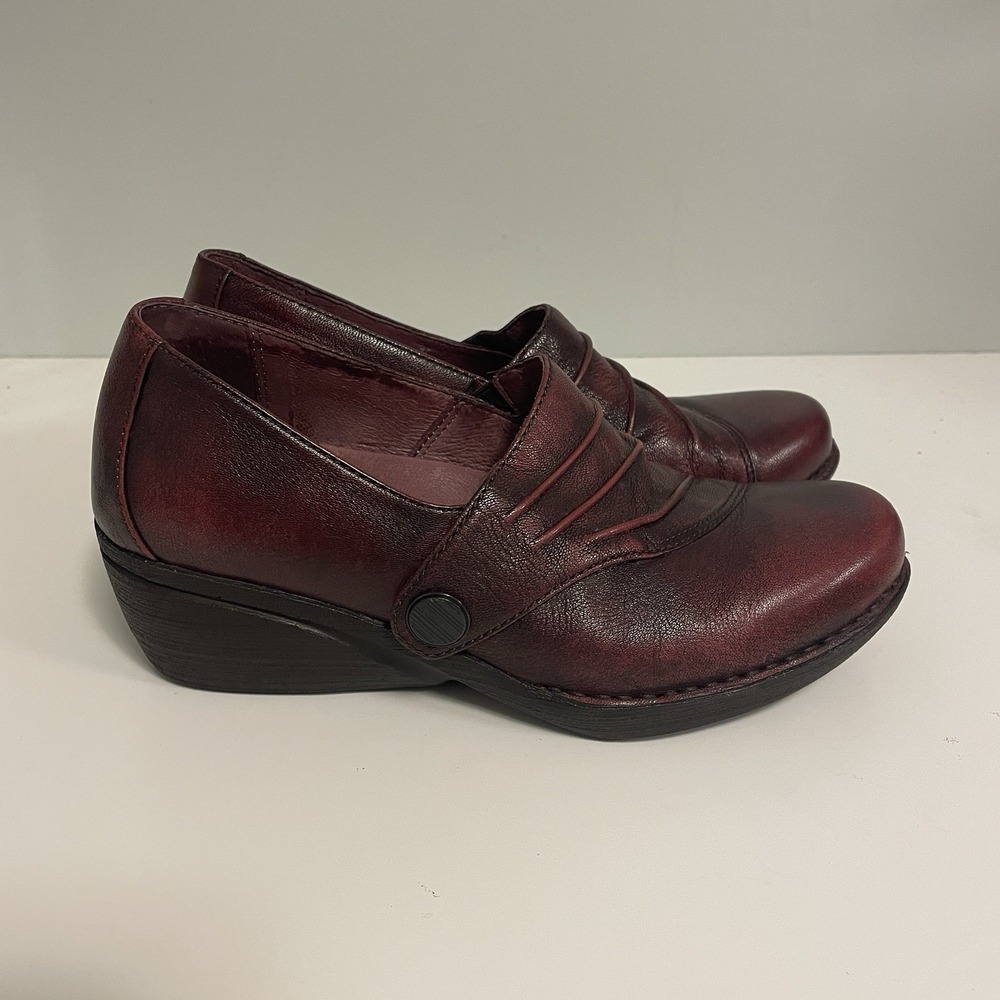 Dansko Leather Wedge Slip-ons Ruched Aimee Wine Brush Off 37 Nursing Shoes